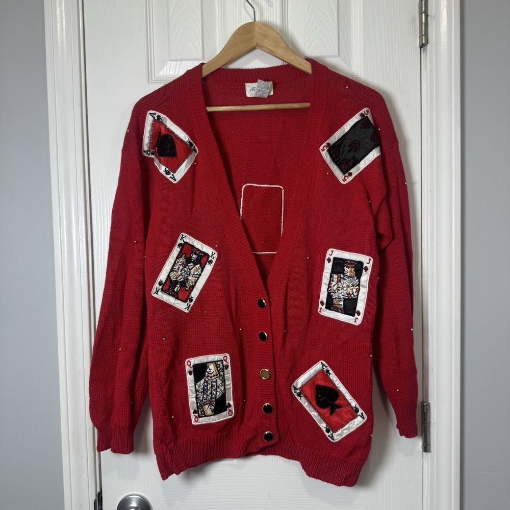 VTG Raffia Granny‎ Core Sequin Hand Beaded Casino Cards Cardigan OS